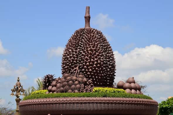 Kampot's roundabout with a durian as its centrepiece, Cambodia