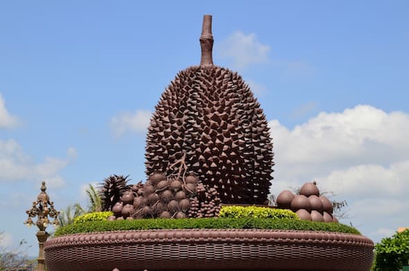 Kampot's roundabout with a durian as its centrepiece, Cambodia
